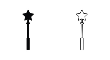 Set of two magic wands with star tips in solid black and outline style isolated on white background © MdGolam