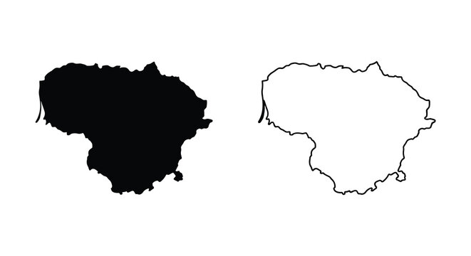 Black silhouette and outline map of lithuania isolated on a plain white background