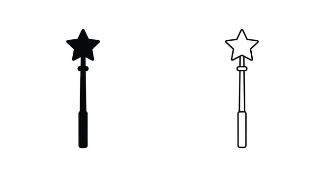 Set of two magic wands with star tips in solid black and outline style isolated on white background