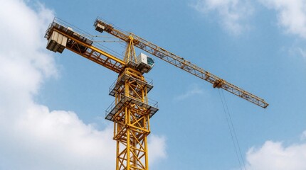 Naklejka premium Yellow construction crane against blue sky with clouds. Towering industrial machine used for building projects lifts materials. Focus on engineering power and urban development.
