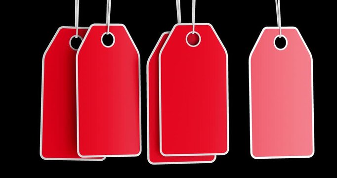 Red hanging price tags moving animation seamlessly loopable. 3D rendering isolated on transparent background