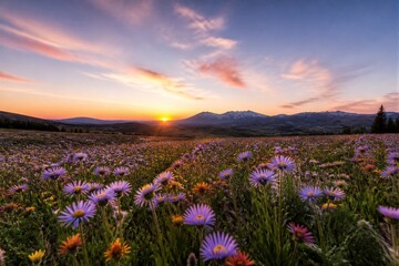 Obraz premium Field of purple wildflowers at sunrise with distant mountains
