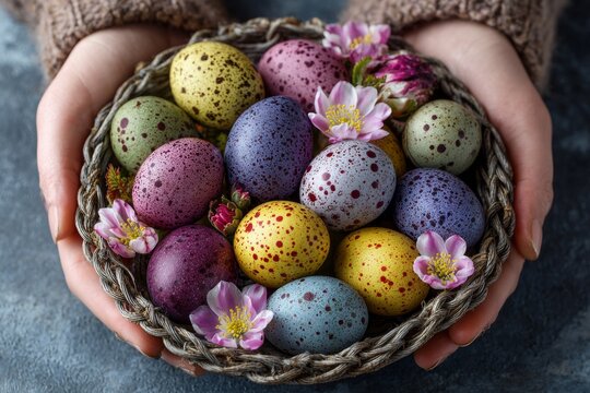 Celebrating easter in a world of colorful eggs. High resolution. Heartfelt easter offering: a child's basket of colorful eggs. Empty space. Rule thirds.