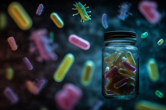 Healing colors: a vibrant display of medicine and wellness. Viral contamination. Vibrant surface: repositioned pills with a medicine bottle focus. Virus infection. Epidemic spread.