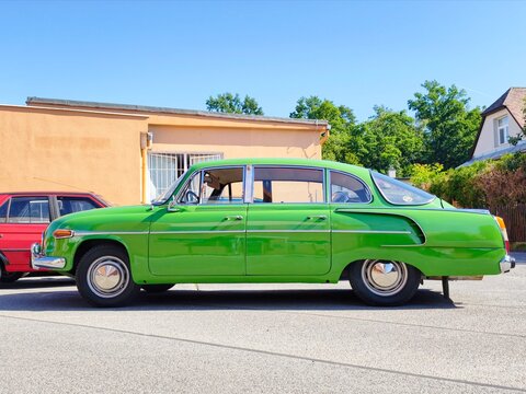 Classic vintage Tatra 603 limousine car from the Czechoslovak era during a veteran vehicle exhibition.