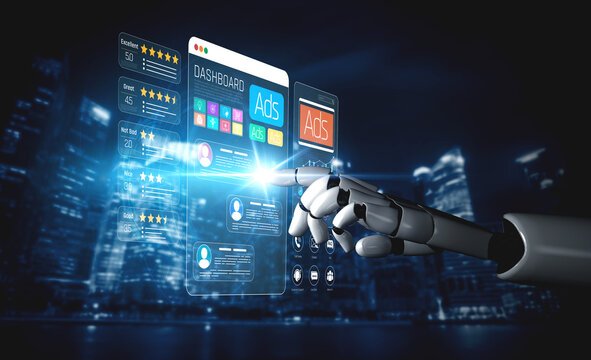 Futuristic Robotic Hand Interacting with Digital Advertising Dashboard in Urban Nightscape Sigmoid