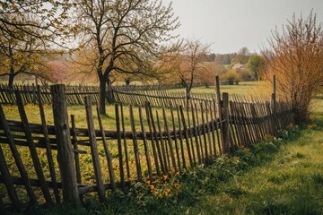 Obraz premium Old wooden fence stands in green field during spring season. Traditional roundpole construction separates rural meadow with leafless trees under cloudy sky. Farm land landscape shows blooming nature