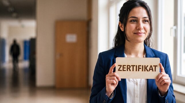 Junge Frau h&auml;lt in Nahaufnahme ein Holzschild mit dem Wort Zertifikat nach bestandener Pr&uuml;fung im Flur