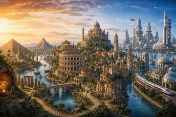 Fototapeta premium Imaginary City Blending Ancient and Future Architecture