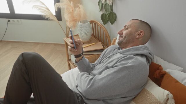 Man holding smartphone, thumb tapping while reclining on bed inside a building, smiling and scrolling near rattan bedside table and pampas grass; relaxed comfort.