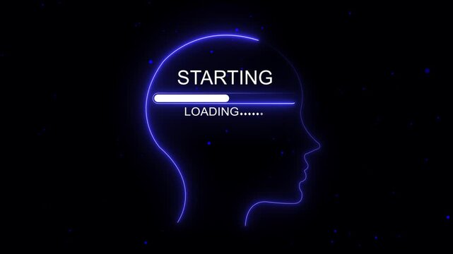 Neon Human Head with starting Mode Loading Bar Animation, Mind Processing Animation ,starting Mode in loading, .4k