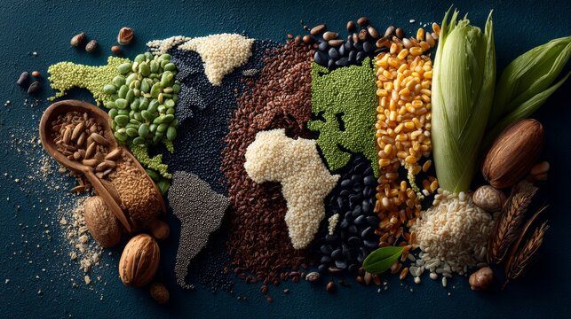 A visual celebration of sustainable farming and global nutritional unity. Luxury portrait. Intricate nutrition map: grains and vegetables illustrate global food and farming. Chic appearance.