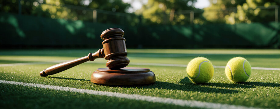 Wooden gavel rests on tennis court next to two balls. Symbolizes sports law and justice in athletic competitions, fair play decisions, and dispute resolution.
