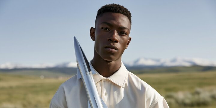 Portrait of a young man holding a retro silver rocket in an open mountain field background for poster banner wallpaper and editorial design