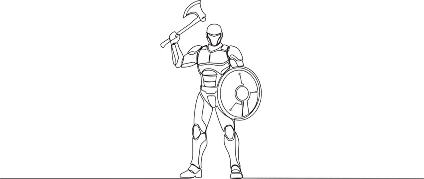 Continuous One Line Drawing of AI Warrior Robot Holding Axe and Shield Vector Illustration. One line art icon drawing