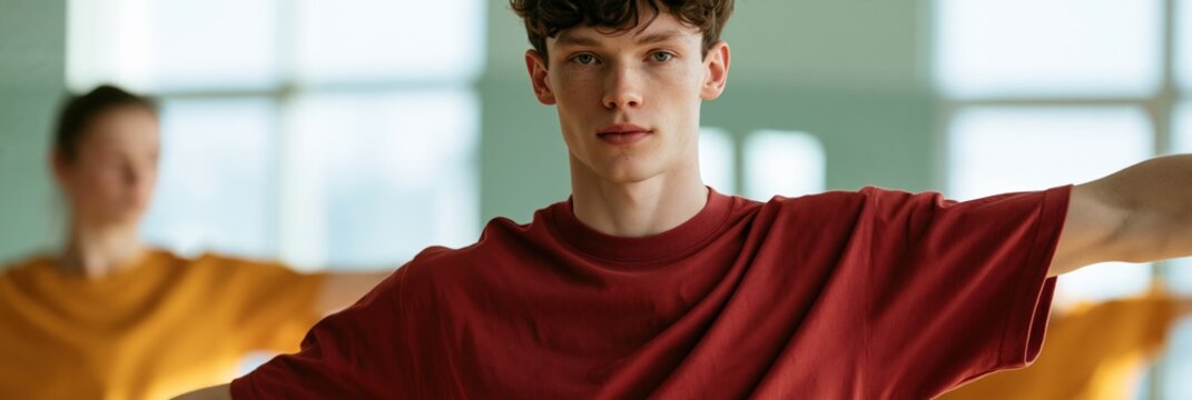 Young male dancer in maroon shirt performing arm extension in contemporary class for studio background and poster design