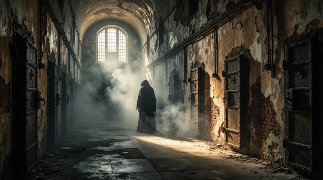 Mysterious hooded figure stands inside dark abandoned prison corridor with old metal doors. Thick fog fills hallways bright light streams through high barred window. Grim spectral entity waits in