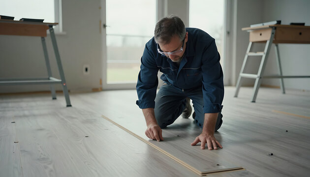 A man wearing safety glasses is on his knees installing laminate wood flooring in a brightly lit room with large windows.