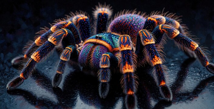 Vibrantly colored tarantula rests on wet dark surface. Hairy spider features intricate blue purple orange dotted pattern. Macro shot reveals detailed texture.