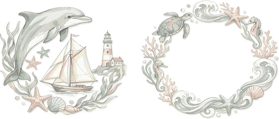 Marine ocean sea nautical vector illustration outline line set collection elements doodle sketch drawing dolphin turtle boat lighthouse seahorse starfish © Yamin