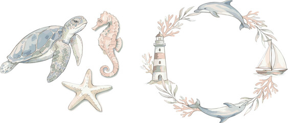 Marine ocean sea nautical vector illustration outline line set collection elements doodle sketch drawing dolphin turtle boat lighthouse seahorse starfish © Yamin