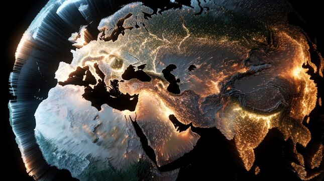 Abstract globe map shows world population density with bright light beams on black background. Data visualization represents global human growth, urban city expansion across continents. Digital