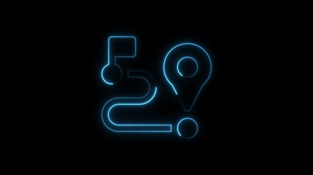 Glowing neon map route animation with location pin and destination flag for navigation and travel ui