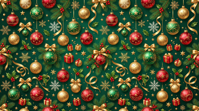 Seamless Christmas pattern with red and green ornaments golden ribbons and snowflakes on green background