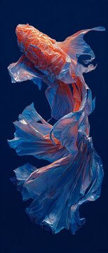 Crumpled plastic fish on blue: a symbol of environmental impact. Drama poster. Art made from waste: fish formed by crumpled plastic on blue ocean background. Poster illustration.