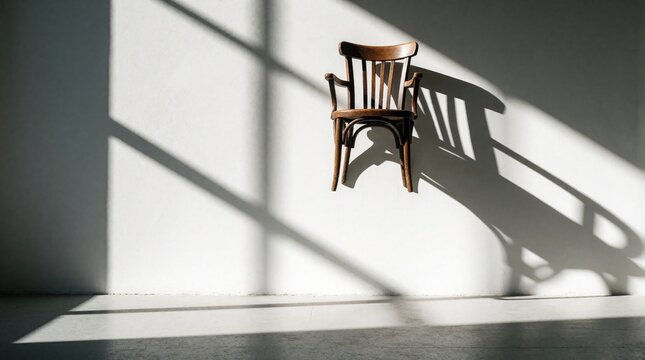 Old wooden chair mounted high on white wall. Vintage furniture piece hangs above ground. Sunlight creates long sharp shadows on empty floor. Concept of inaccessible power status hierarchy detachment