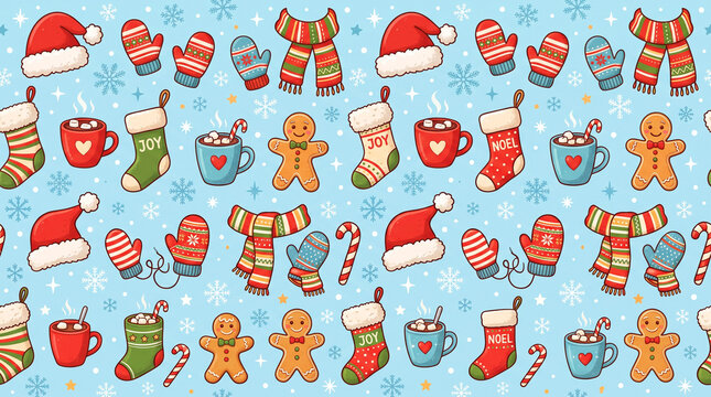 Seamless pattern with Christmas elements like Santa hats, gingerbread men, stockings, and winter accessories