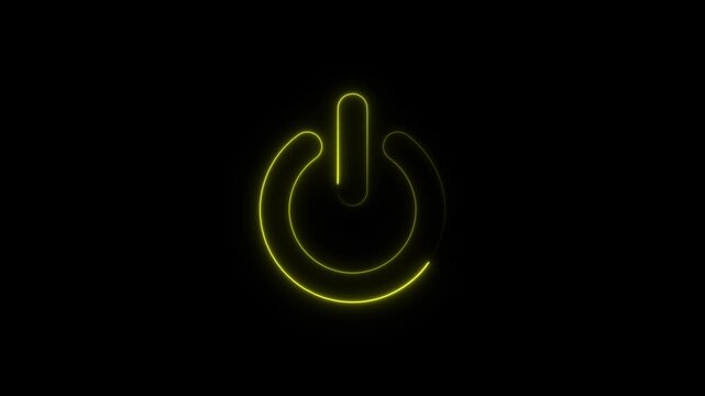 Neon yellow power button symbol glowing on black background, minimalist technology interface animation