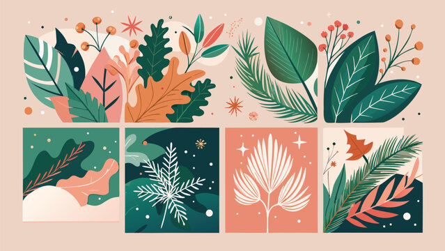 Merry Christmas Greeting Card Set with Holly Berries, Botanical Leaves, Xmas Minimal design of banner, poster, cover templates, Flat Vector Illustration