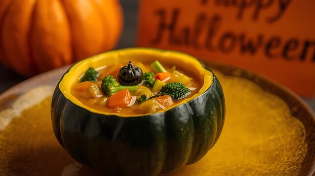 A savory stew served inside a hollowed out squash for a festive halloween dinner party