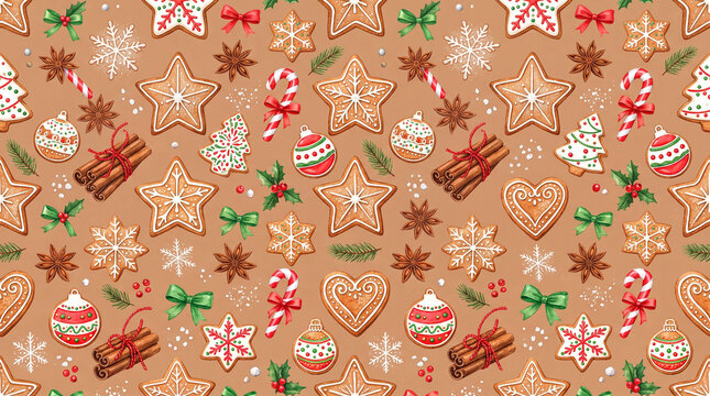 Seamless pattern with gingerbread cookies, candy canes, cinnamon sticks, and Christmas ornaments on brown