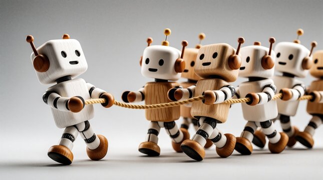 Wooden toy robots pull rope together in team line. Leader robot guides group forward in harmony. Concept of corporate leadership business collaboration teamwork success management unity strategy,