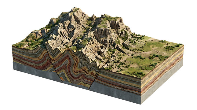 3D Geological Cross Section of Mountain Fault and Strata Isolated