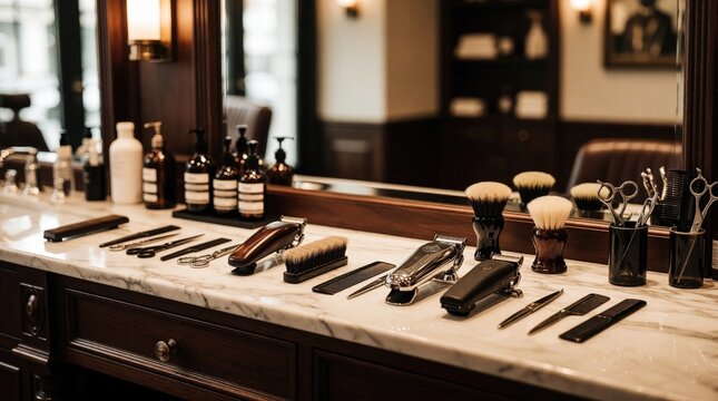 Pro barber tools set on marble countertop in elegant hair salon. Steel scissors combs brushes electric clippers arranged for haircut service. Luxury shop interior with mirror wood furniture bottles