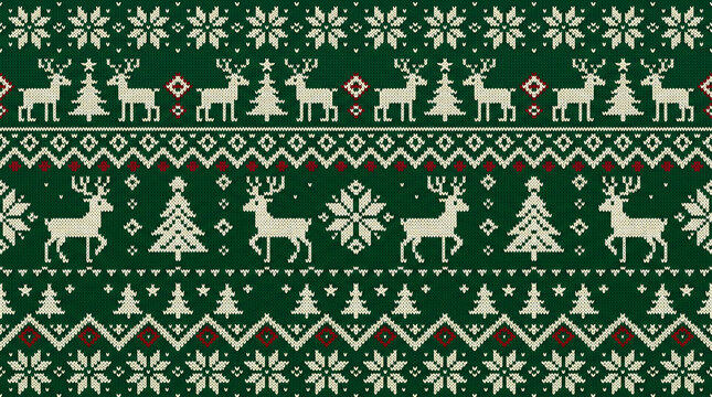 Seamless knitted pattern with deer, Christmas trees, and snowflakes on a green background
