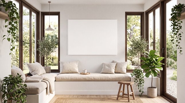Helle skandinavische Sitznische am Fenster mit leerem wei&szlig;en Wandpanel als Mockup in Halbtotale