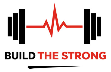 Fototapeta premium Fitness health concept vector logo featuring heartbeat pulse line and dumbbells with build the strong motivational text for gym and wellness print on demand stickers and decals