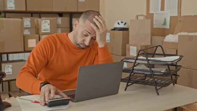 Man writing bills at a desk with laptop and cardboard packages, hand on head gesture in a parcel office building; small business stress.