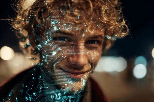 Nature's warm embrace: young man's bright outdoor portrait. Machine learning. Joyful outdoor portrait of a happy young man with a bright smile. Technology progress. Ai collaboration.