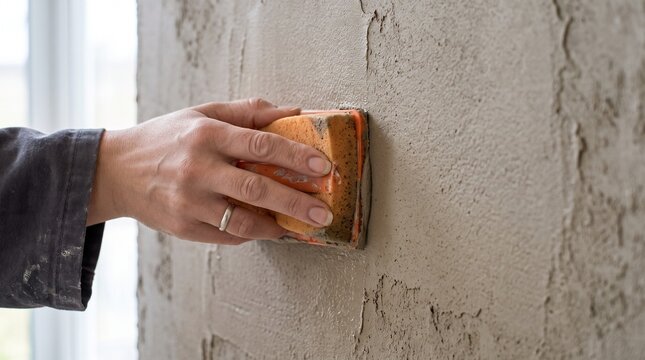 Close-up of a woman's hand holding a sponge float, gently working fresh plaster on a wall surface. Skilled plastering trade photo for renovation companies and building marketing.