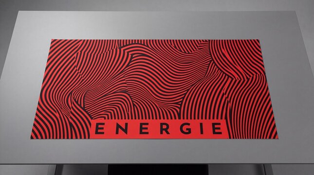 Op-Art Poster mit rotem Interferenzmuster und Schriftzug ENERGIE aus der Vogelperspektive auf grauem Tisch