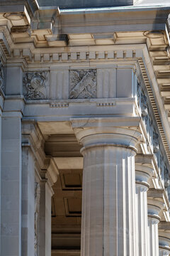 Detailed view of carved entablature and Corinthian columns in Washington DC architecture
