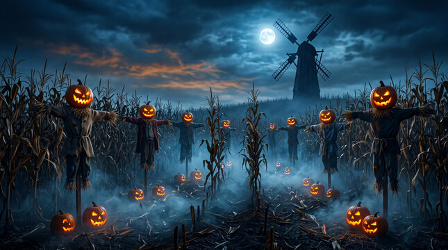Scarecrows with glowing jack-o'-lantern heads in a dark cornfield under a full moon