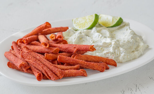 Spicy Takis Fuego Served With Garlic Herb Cream Cheese Dip