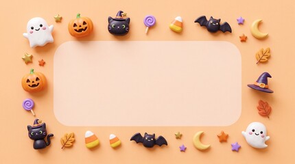 Fototapeta premium Cute 3D Halloween Border Frame with Pumpkin Ghost Bat and Copy Space