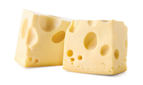 Two blocks of swiss emmental cheese on white background